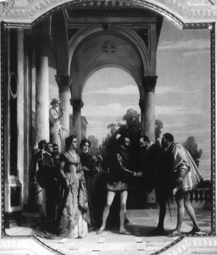 Filippo d'Este nella villa del parco presenta Tarquato Tasso al duca Emanuele Filiberto - Musei di Palazzo Reale, Torino